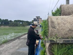 學生與農友討論水稻施肥與插秧間距